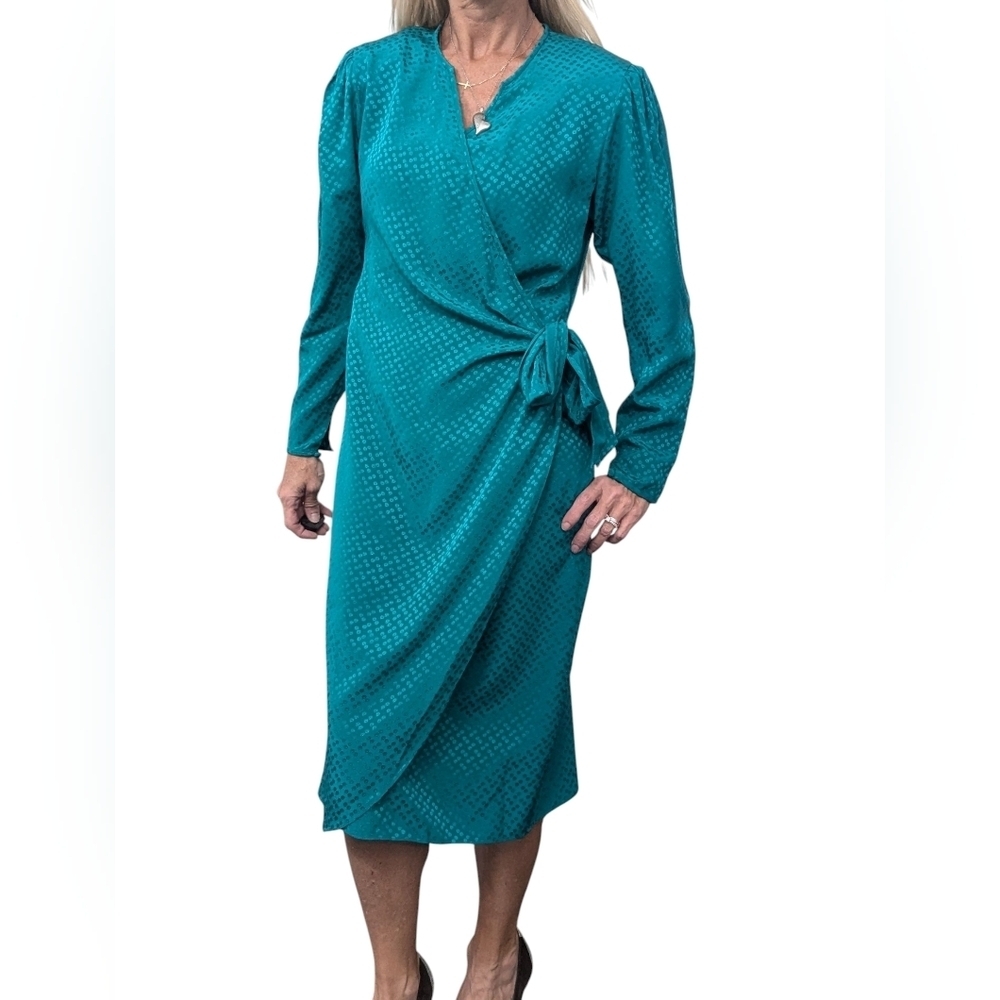 Vintage 80s Adrianna Papell Teal 100% Silk Jacquard Wrap Dress 4